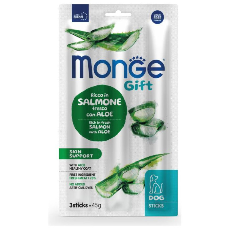 Monge GIFT Dog STICKS Skin support Salmon with aloe / 45 g - kārums suņiem