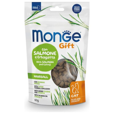 Monge GIFT Cat FILLED & CRUNCHY Hairball Salmon and catnip / 60 g - kārums kaķiem