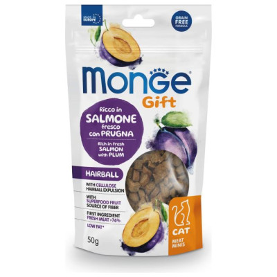 Monge GIFT Cat MEAT MINIS Hairball Salmon with plum / 50 g - kārums kaķiem