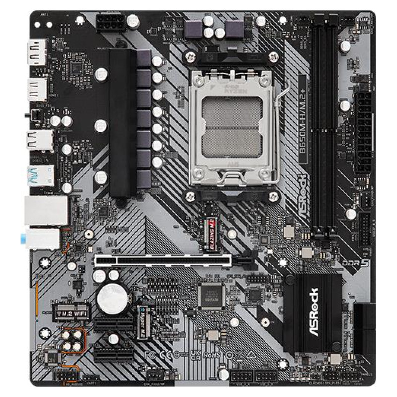 Asrock Mainboard|ASROCK|AMD B650|SAM5|Micro-ATX|Memory DDR5|Memory slots 2|1xPCI-E|2xPCI-Express 4.0 1x|1xPCI-Express 4.0 16x|1xM.2|1xHDMI|1xDisplayPort|1xAudio-In|1xAudio-Out|1xMicrophone|2xUSB 2.0|3xUSB 3.2|1xUSB-C|1xRJ45|B650M-H/M.2+