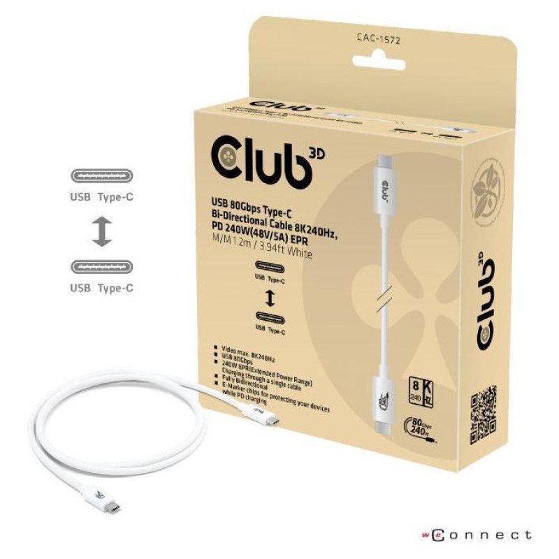 Club3D CABLE USB-C TO USB-C 1.2M/WHITE CAC-1572 CLUB3D