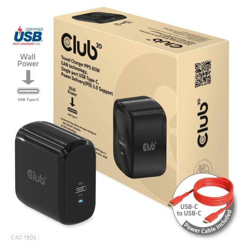Club3D MOBILE TRAVEL CHARGER USB-C/PPS 65W CAC-1905EU CLUB3D
