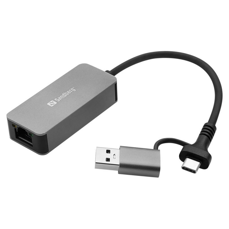 Sandberg 136-68 USB-C/A 2.5 GbE RJ45 Adapter, 2.5 Gigabit Ethernet on USB-C