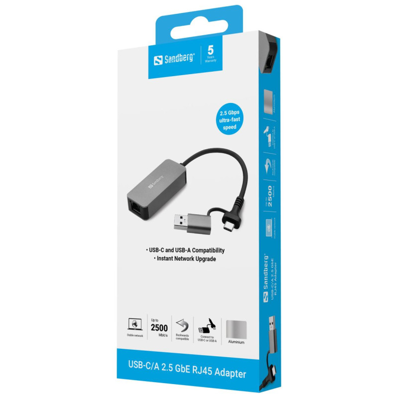 Sandberg 136-68 USB-C/A 2.5 GbE RJ45 Adapter, 2.5 Gigabit Ethernet on USB-C