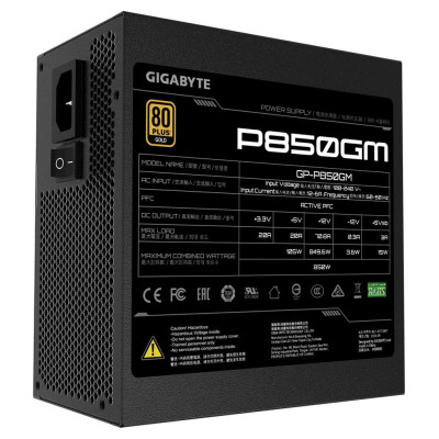 Gigabyte Power Supply|GIGABYTE|850 Watts|Efficiency 80 PLUS GOLD|PFC Active|MTBF 100000 hours|GP-P850GM