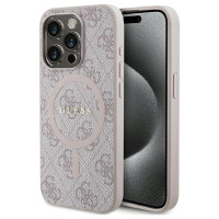 Guess 4G Collection Leather Metal Logo MagSafe Case for iPhone 15 Pro Max - Pink