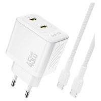 Dudao A28PCEU PD 45W GaN 2xUSB-C Wall Charger with USB-C Cable - White