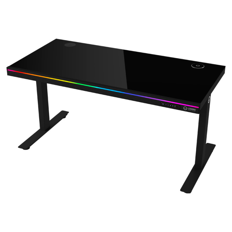 Lorgar Dual-motor sit/stand adjustable-height gaming desk with wireless charger, RGB lighting, control panel, and USB ports, solid tempered glass tabletop, black.