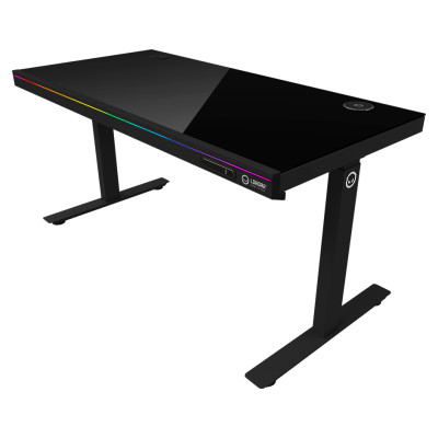 Lorgar Dual-motor sit/stand adjustable-height gaming desk with wireless charger, RGB lighting, control panel, and USB ports, solid tempered glass tabletop, black.