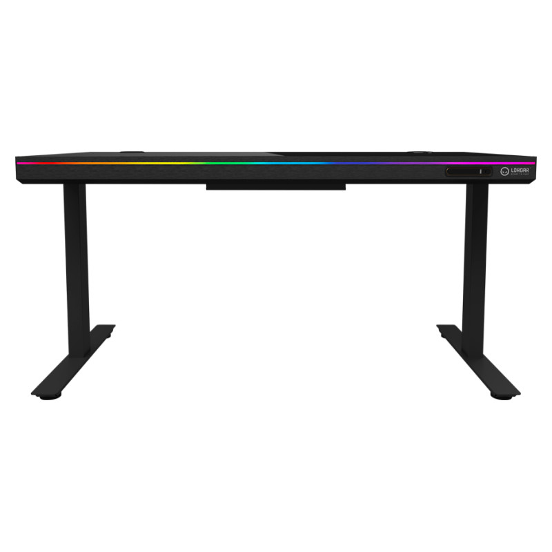 Lorgar Dual-motor sit/stand adjustable-height gaming desk with wireless charger, RGB lighting, control panel, and USB ports, solid tempered glass tabletop, black.