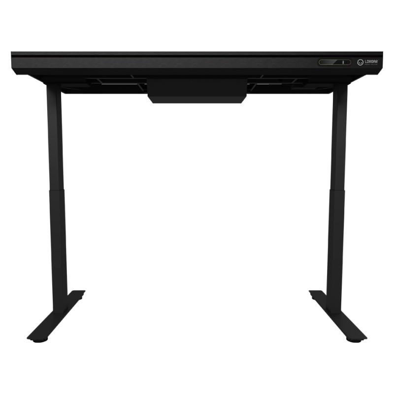 Lorgar Dual-motor sit/stand adjustable-height gaming desk with wireless charger, RGB lighting, control panel, and USB ports, solid tempered glass tabletop, black.