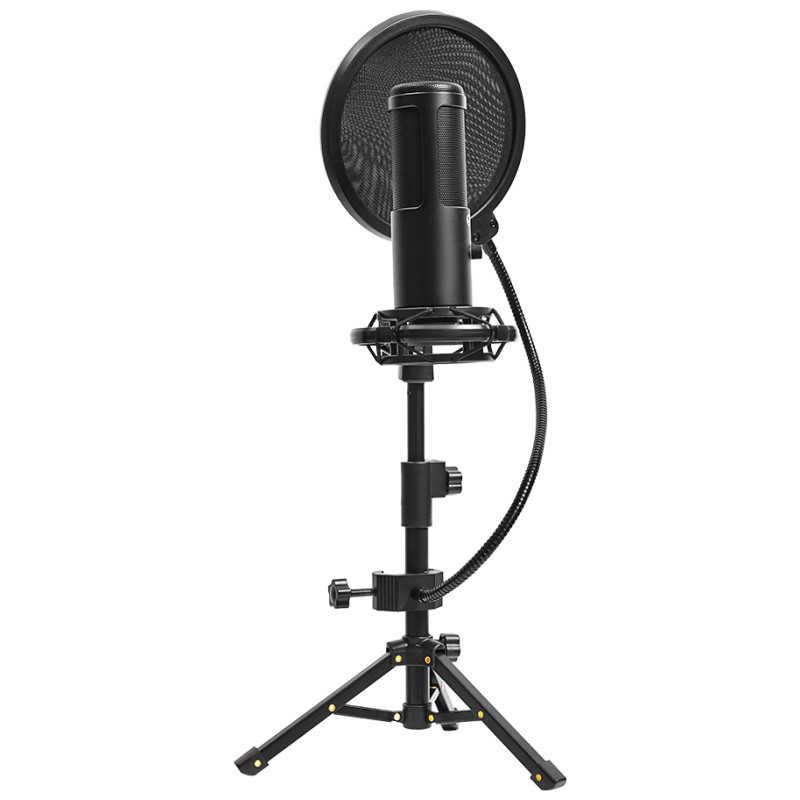 Lorgar Voicer 721, Gaming Microphone, Black, USB condenser microphone with tripod stand, pop filter, including 1 microphone, 1 Height metal tripod, 1 plastic shock mount, 1 windscreen cap, 1,2m metel type-C USB cable, 1 pop filter, 154.6x56.1mm
