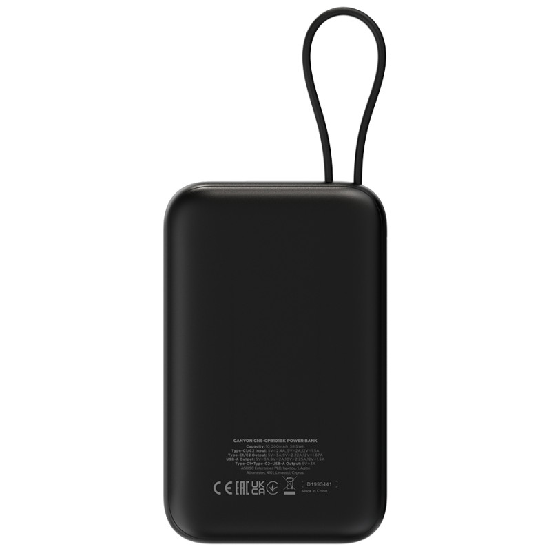 Canyon power bank OnPower 101 built-in cable 10000 mAh PD22.5W Black