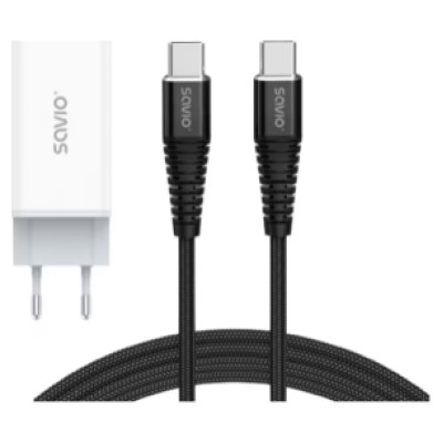 Savio Lādētājs Savio GaN 65W + USB Type-C - USB Type-C 1m Cable