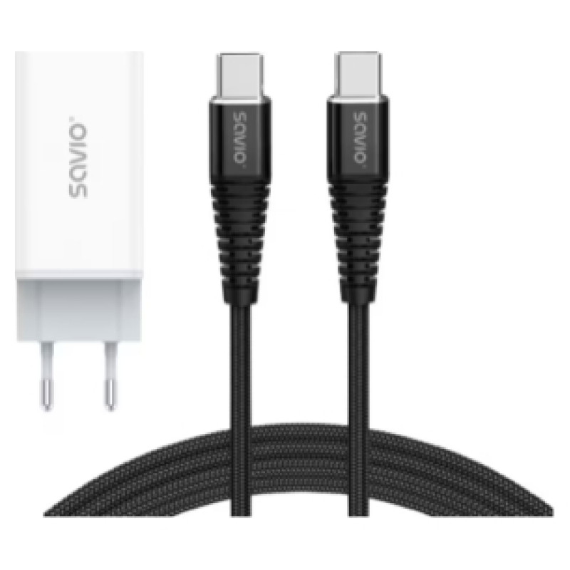 Savio Lādētājs Savio GaN 65W + USB Type-C - USB Type-C 1m Cable