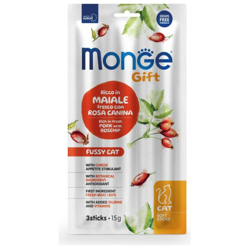 Monge GIFT Cat SOFT STICKS Fussy cat Pork with rosehip & cheese / 15 g - kārums kaķiem