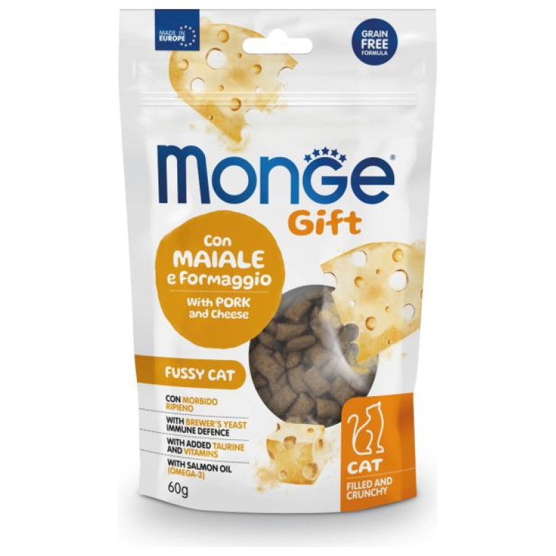 Monge GIFT Cat FILLED & CRUNCHY Fussy cat Pork and cheese / 60 g - kārums kaķiem