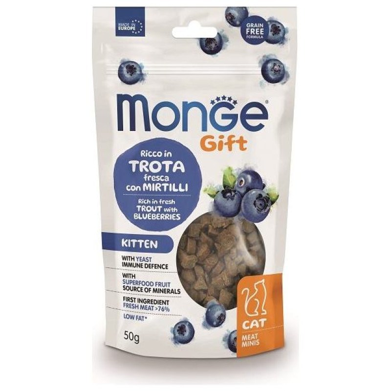 Monge GIFT Cat MEAT MINIS Kitten Trout with blueberries / 50 g - kārums kaķiem