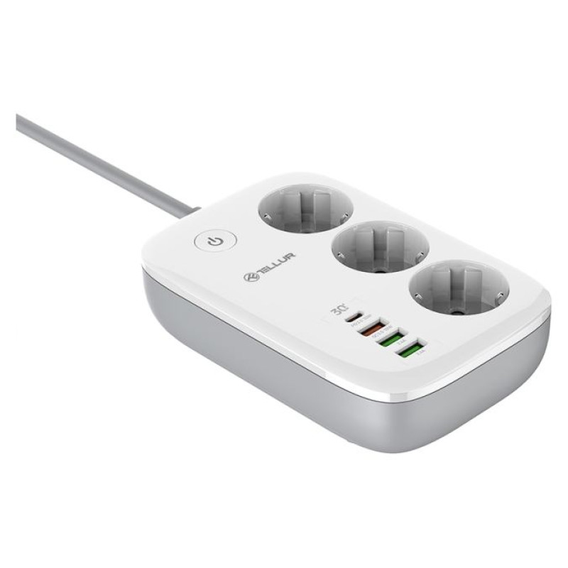 Tellur Smart WiFi Power Strip 3 Outlets, PD30W, QC18W, 2xUSB 2.4A 2500W 10A 2m