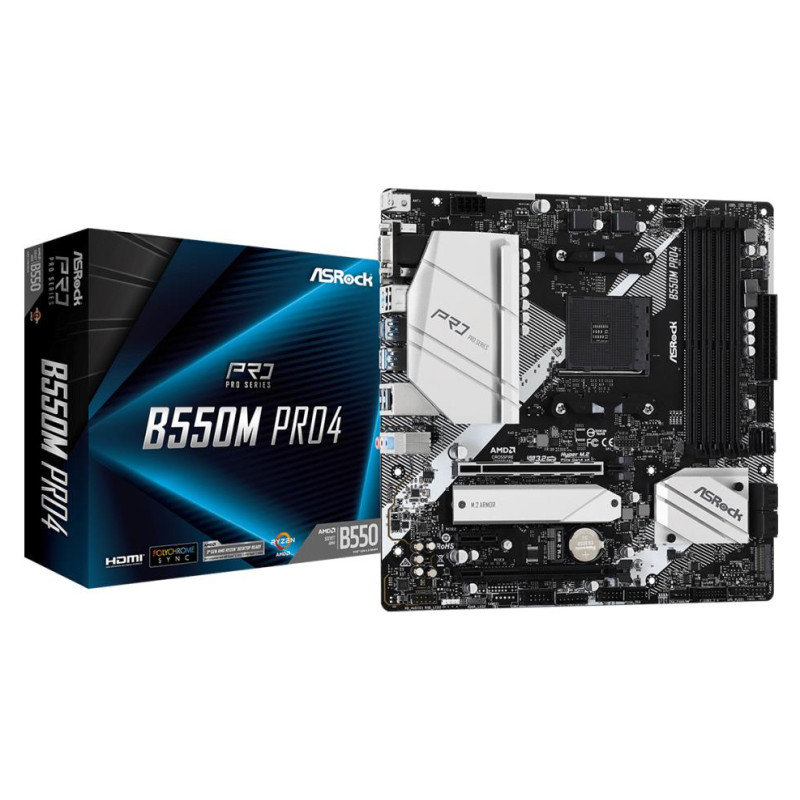 Asrock Mainboard|ASROCK|AMD B550|SAM4|MicroATX|1xPCI-Express 3.0 1x|1xPCI-Express 3.0 16x|1xM.2|1xPCI-Express 4.0 16x|Memory DDR4|Memory slots 4|1x15pin D-sub|1xHDMI|1xDisplayPort|2xUSB 2.0|1xUSB type C|5xUSB 3.2|1xPS/2|1xRJ45|3xAudio port|B550MPRO4