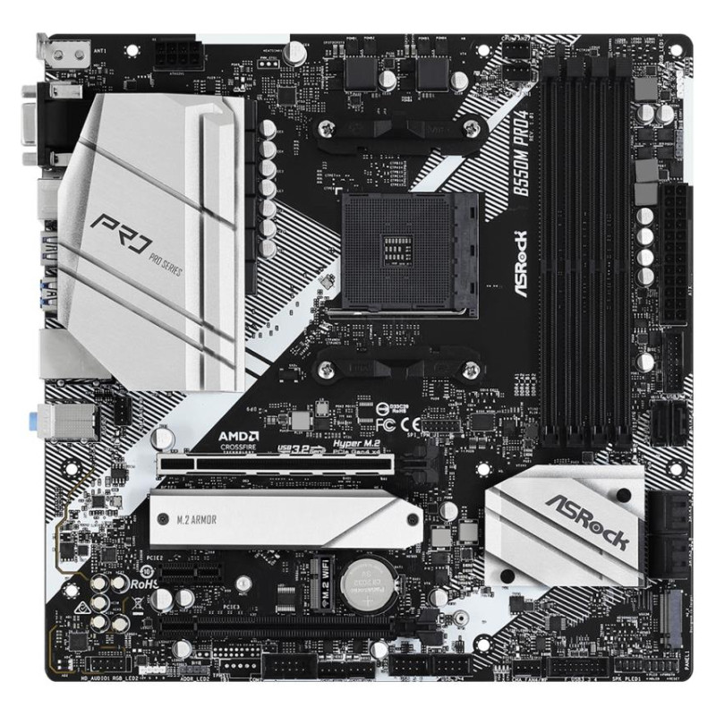 Asrock Mainboard|ASROCK|AMD B550|SAM4|MicroATX|1xPCI-Express 3.0 1x|1xPCI-Express 3.0 16x|1xM.2|1xPCI-Express 4.0 16x|Memory DDR4|Memory slots 4|1x15pin D-sub|1xHDMI|1xDisplayPort|2xUSB 2.0|1xUSB type C|5xUSB 3.2|1xPS/2|1xRJ45|3xAudio port|B550MPRO4