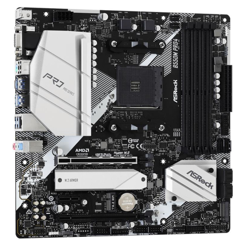 Asrock Mainboard|ASROCK|AMD B550|SAM4|MicroATX|1xPCI-Express 3.0 1x|1xPCI-Express 3.0 16x|1xM.2|1xPCI-Express 4.0 16x|Memory DDR4|Memory slots 4|1x15pin D-sub|1xHDMI|1xDisplayPort|2xUSB 2.0|1xUSB type C|5xUSB 3.2|1xPS/2|1xRJ45|3xAudio port|B550MPRO4