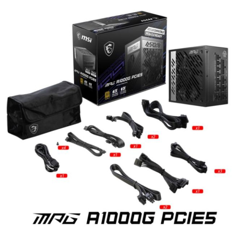 MSI Power Supply|MSI|1000 Watts|Efficiency 80 PLUS GOLD|PFC Active|MPGA1000GPCIE5