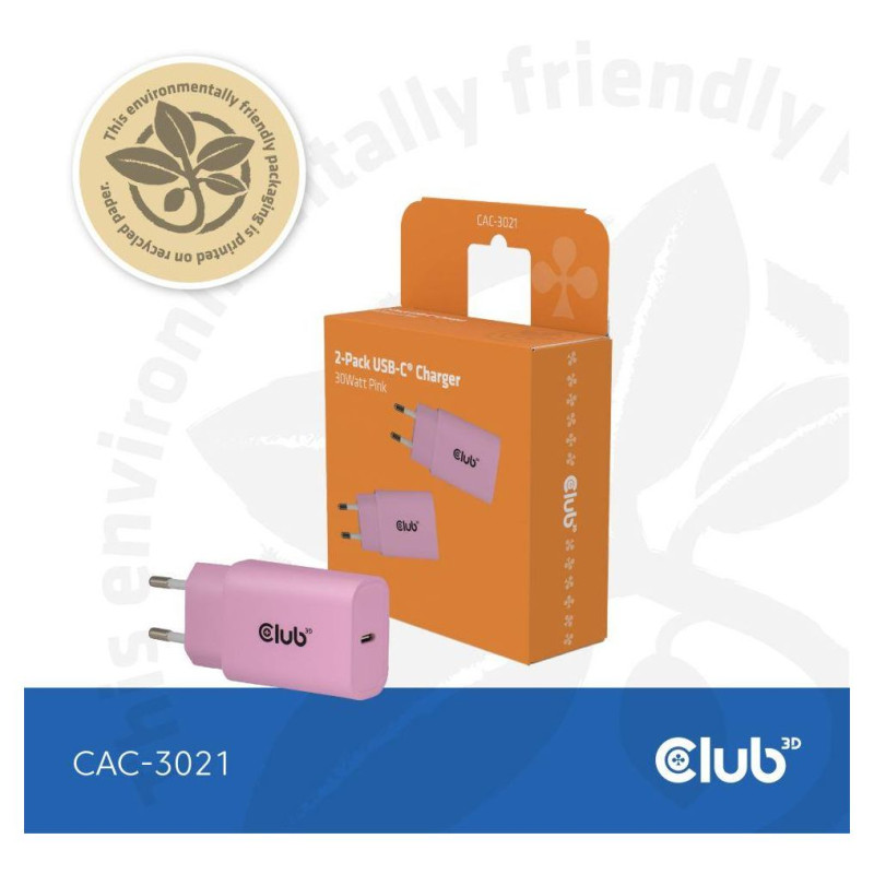 Club3D MOBILE CHARGER WALL USB-C/2PACK 30W PINK CAC-3021 CLUB3D