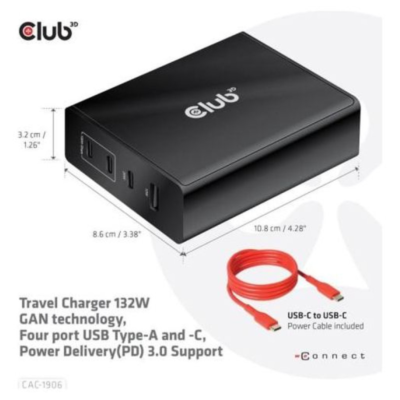 Club3D MOBILE TRAVEL CHARGER USB-C/132W GAN CAC-1906 CLUB3D