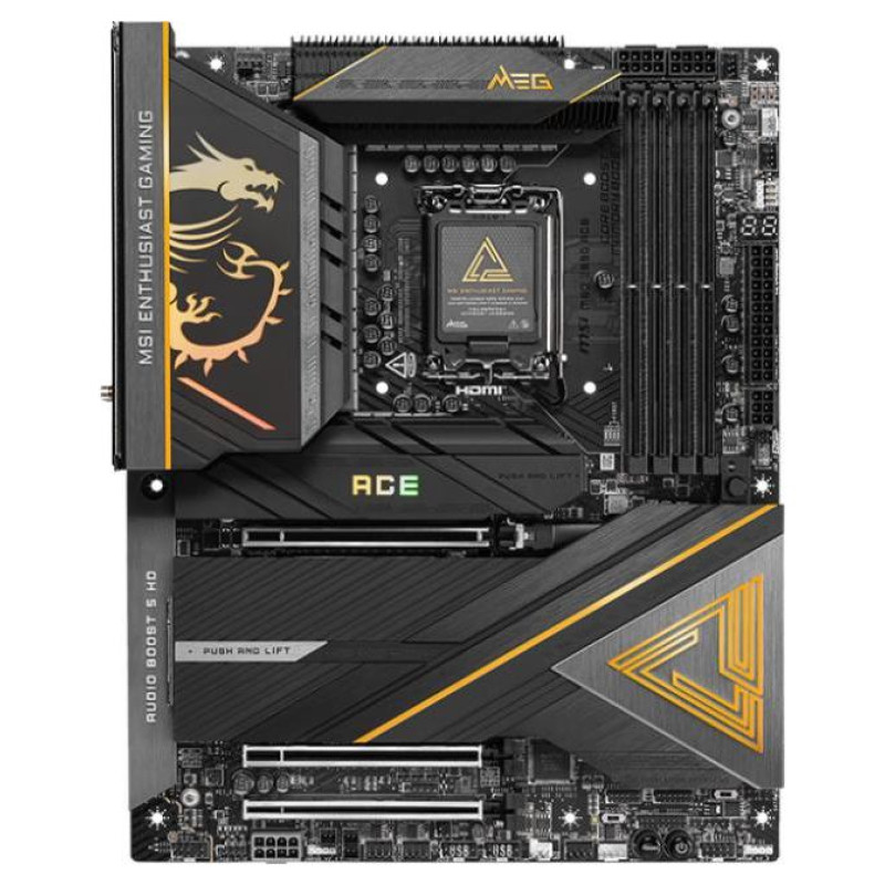 MSI Mainboard|MSI|Intel Z890|LGA1851|ATX|Memory DDR5|Memory slots 4|3xPCI-Express 16x|5xM.2|1xHDMI|1xAudio-In|1xAudio-Out|11xUSB 3.1|2xUSB-C|2xUSB-C w/Thunderbolt|1xOptical S/PDIF|1xRJ45|MEGZ890ACE