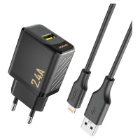 Dudao A23LEU 2.4A GaN EU USB-A Wall Charger with USB-A to Lightning Cable - Black