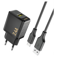 Dudao A23TEU 2.4A GaN USB-A Wall Charger with USB-A - USB-C Cable - Black