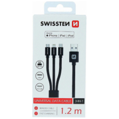 Swissten Textile Universal 3in1 USB-C / Lightning Data MFI / Micro USB Cable 1.2m Black