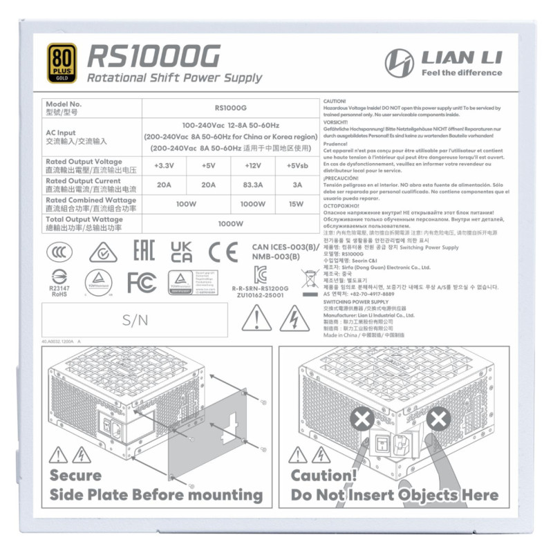 Lian Li Power Supply|LIAN LI|ATX|PC|100 - 240 V|1000 W|G9P.RS1000G.W000.EU
