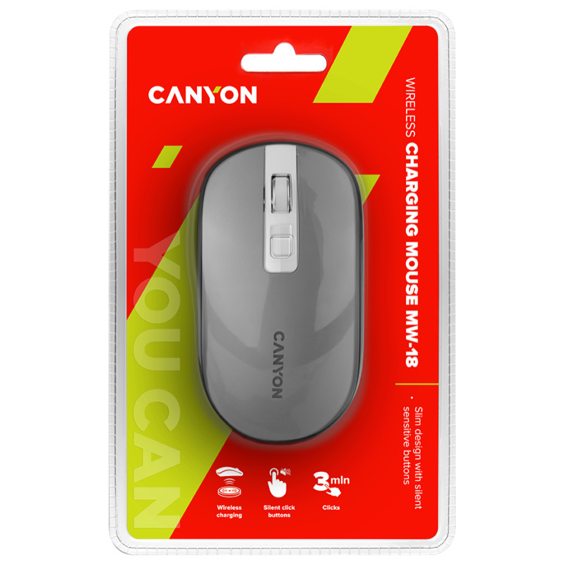 Canyon MW-18, 2.4GHz Wireless Rechargeable Mouse with Pixart sensor, 4keys, Silent switch for right/left keys,DPI: 800/1200/1600, Max. usage 50 hours for one time full charged, 300mAh Li-poly battery, Dark grey, cable length 0.6m, 116.4*63.3*32.3mm, 0.075