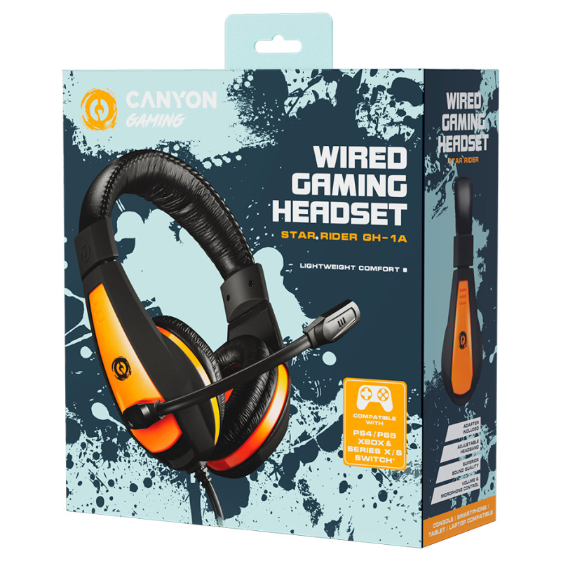Canyon Star Raider GH-1A, Gaming headset 3.5mm jack with adjustable microphone and volume control, with 2in1 3.5mm adapter, cable 2M, Black, 0.23kg