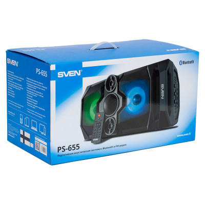 Sven PS-655 2x25W; LED display; TWS; FM radio; AUX; USB/SD-card support;Lighting; Microphone input (karaoke); Remote Control; Built-in equalizer