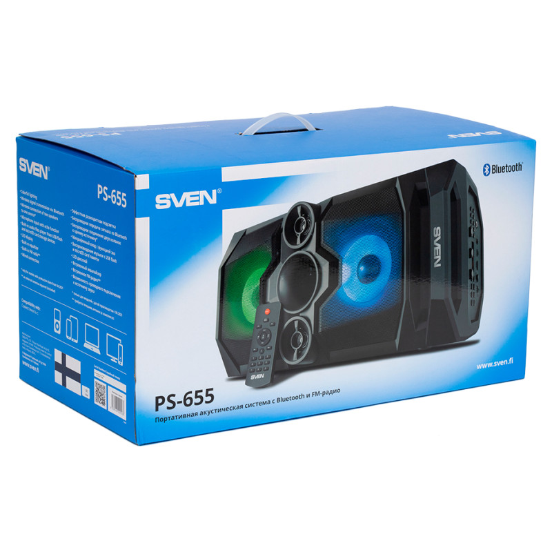 Sven PS-655 2x25W; LED display; TWS; FM radio; AUX; USB/SD-card support;Lighting; Microphone input (karaoke); Remote Control; Built-in equalizer