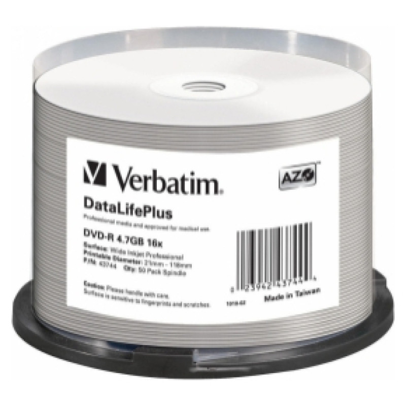 Verbatim Matricas DVD-R AZO Verbatim 4.7GB 16x Wide Printable non ID,50 Pack Spindle