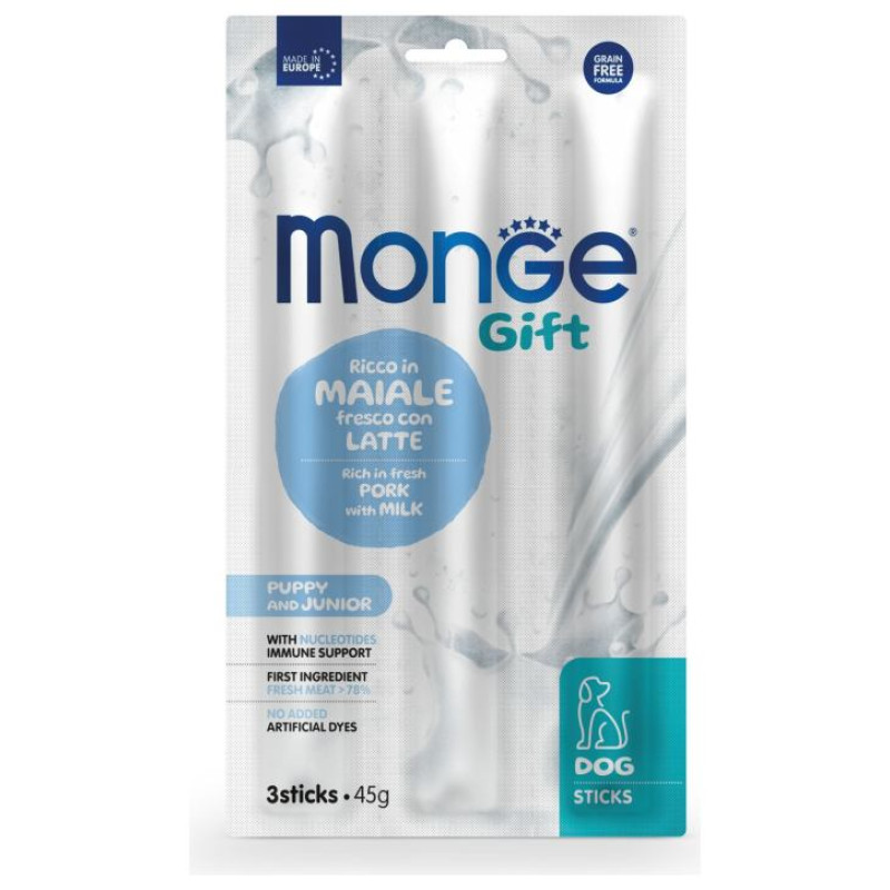 Monge GIFT Dog STICKS Puppy & Junior Pork with milk / 45 g - kārums suņiem