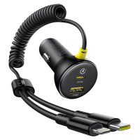 Baseus Circular 60W USB-A + USB-C Car Charger with Built-in Lightning + USB-C Cable 1.4m - Black