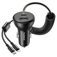 Baseus Circular 60W USB-A + USB-C Car Charger with Built-in Lightning + USB-C Cable 1.4m - Black