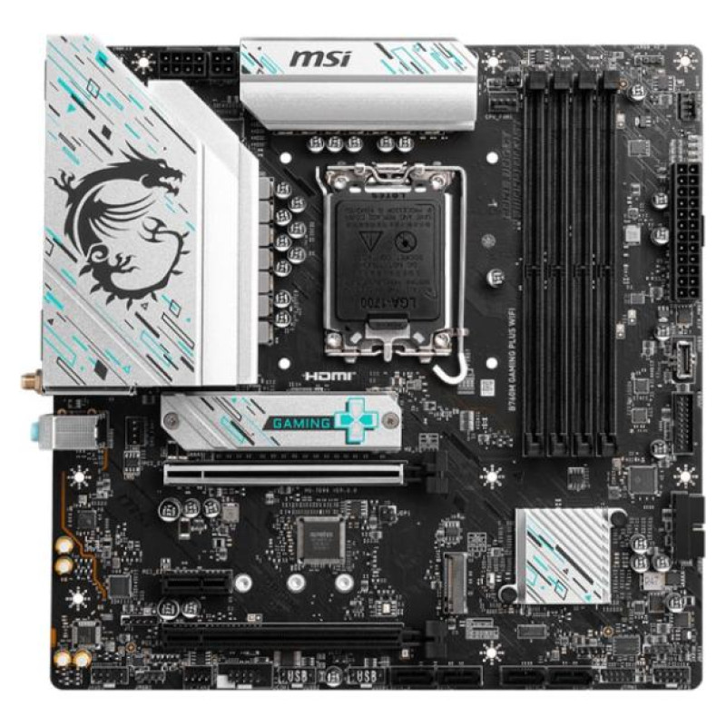 MSI Mainboard|MSI|Intel B760 Express|LGA1700|Micro-ATX|Memory DDR5|Memory slots 4|1xPCI-Express 3.0 1x|1xPCI-Express 4.0 4x	|1xPCI-Express 4.0 16x|2xM.2|2xHDMI|2xDisplayPort|2xUSB 2.0|4xUSB 3.2|1xPS/2|1xRJ45|3xAudio port|B760MGAMINGPLUSWIFI