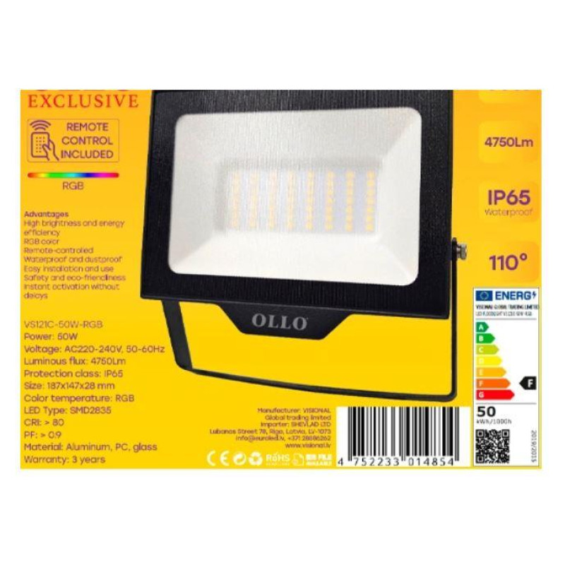 Ollo Lamp|OLLO|Power consumption 50 Watts|Luminous flux 4750 Lumen|AC220-240V|Beam angle 110 degrees|VS121C-50W-RGB