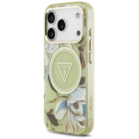 Guess IML Glitter Flowers Triangle MagSafe Case for iPhone 17 Pro Max - Green
