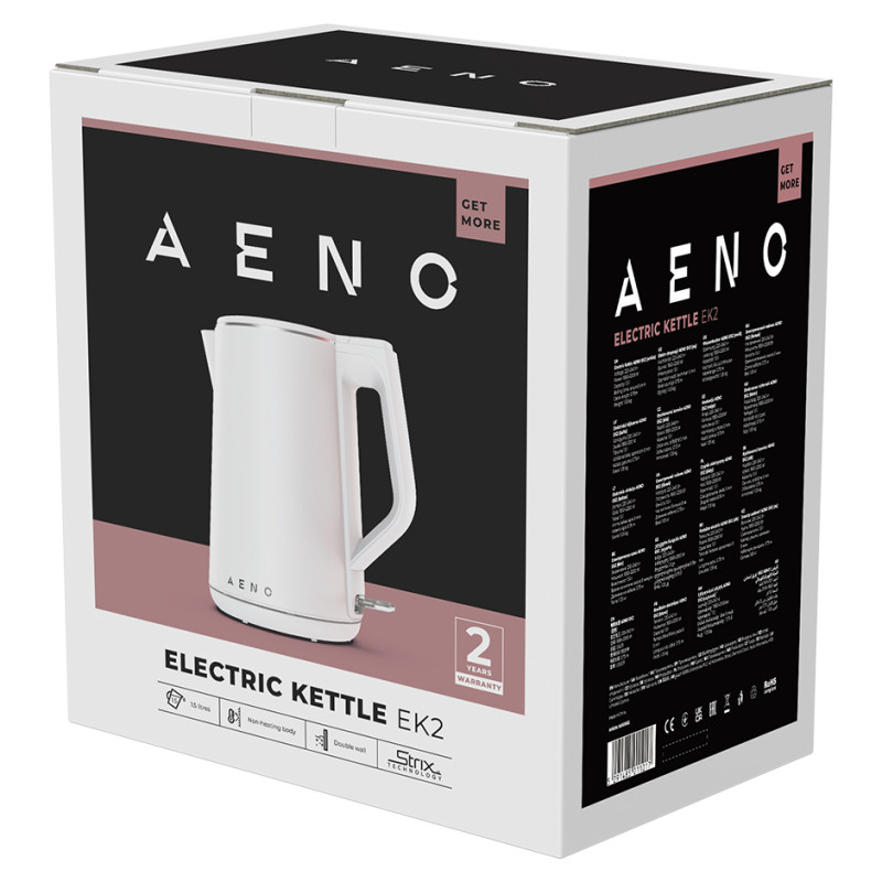Aeno Electric Kettle EK2: 1850-2200W, 1.5L, Strix, Double-walls, Non-heating body, Auto Power Off, Dry tank Protection
