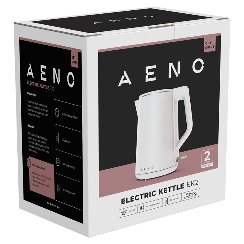 Aeno Electric Kettle EK2: 1850-2200W, 1.5L, Strix, Double-walls, Non-heating body, Auto Power Off, Dry tank Protection