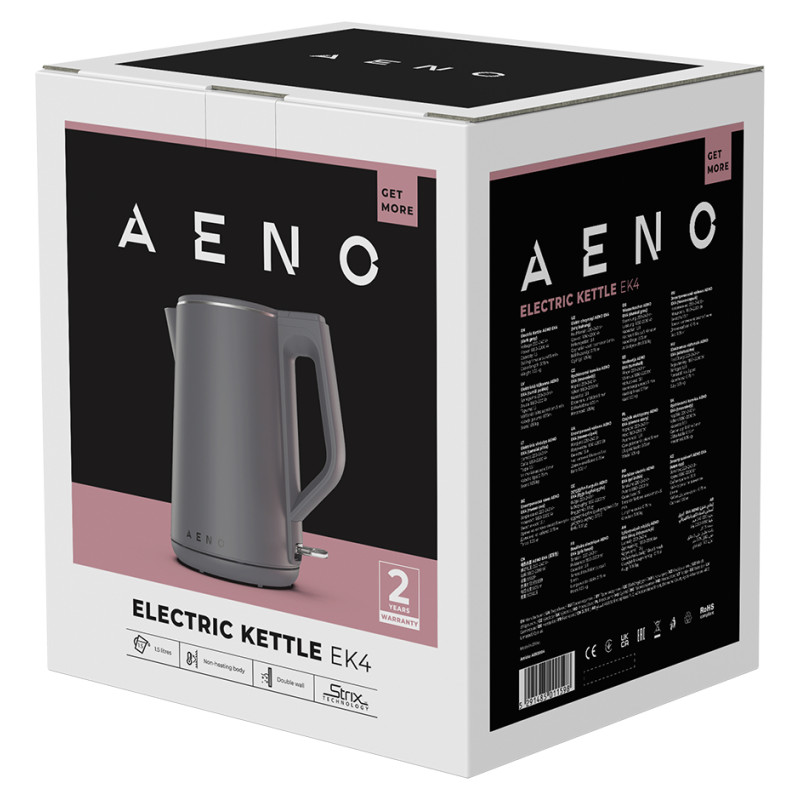 Aeno Electric Kettle EK4: 1850-2200W, 1.5L, Strix, Double-walls, Non-heating body, Auto Power Off, Dry tank Protection