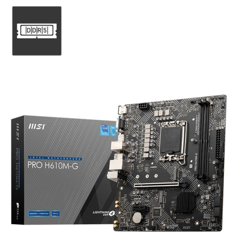 MSI Mainboard|MSI|Intel H610|LGA 1700|micro ATX|RAM DDR5-SDRAM|2xSlots|1xPCI Express x1 slots|1xPCI Express x16 slots|1xNumber of M.2 (M) slots|PROH610M-G
