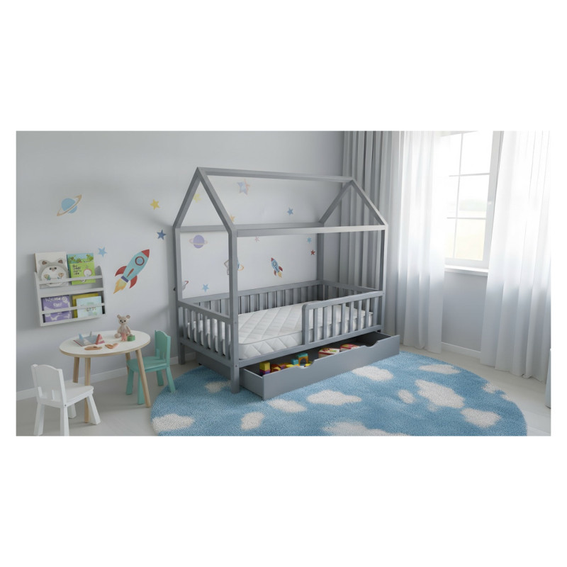 Emis Montessori bērnu gulta "Side" 70x160 / Balts + pelēks (RAL 7040) / Nē